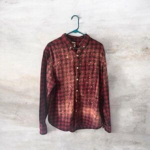 Old Navy XL Red Plaid Flannel Bleach Dyed Distressed Grunge Upcycled Shirt
